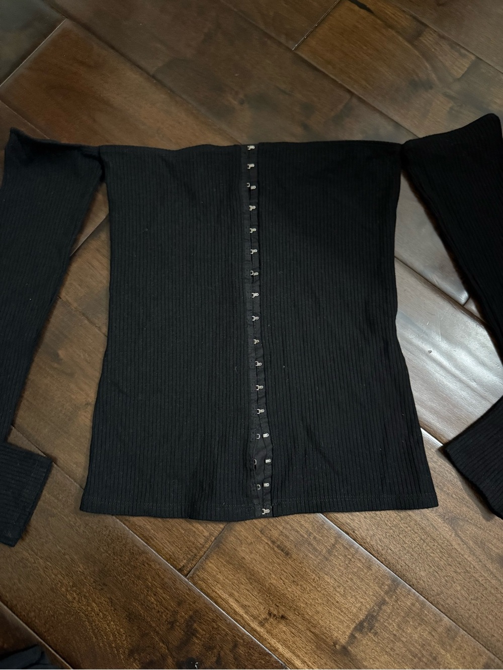 Reformation Black Off-Shoulder Ribbed Hook-and-Eye Top
